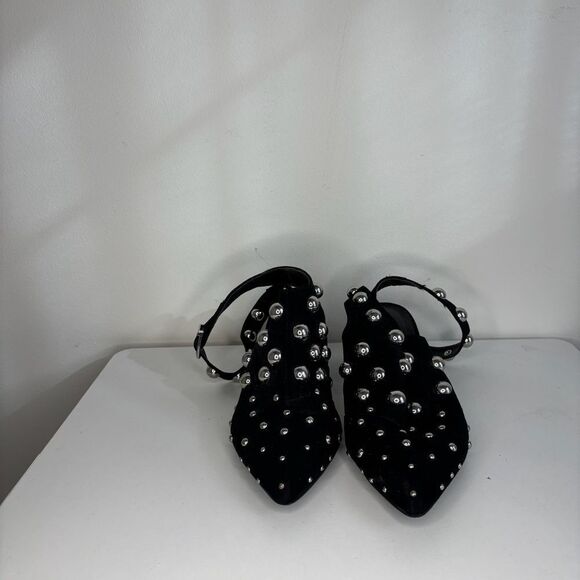 Qupid- Black Heels w/Ankle Straps & Silver Bubble Studs - Picture 1 of 7